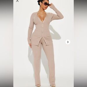Fashion Nova Taupe Ribbed Button-Front Set